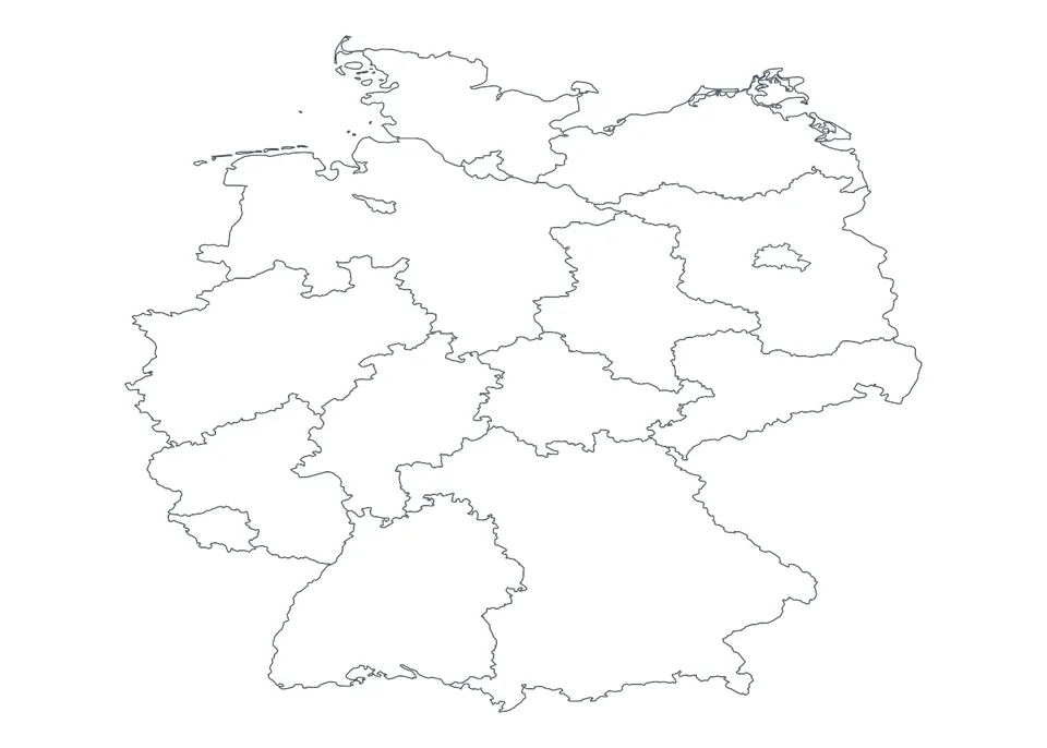 Stumme Karte von Deutschland mit den Grenzen der 16 Bundesländer, ohne Beschriftung